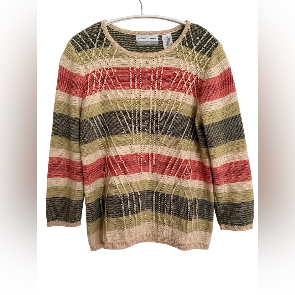 Vintage Textured Striped Sweater - Red, Green,‎ Cream - with Rhinestones!